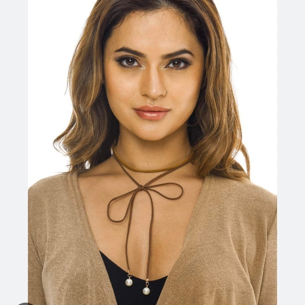 Camel Suede Lariat Pearl Detail Wrap Necklace